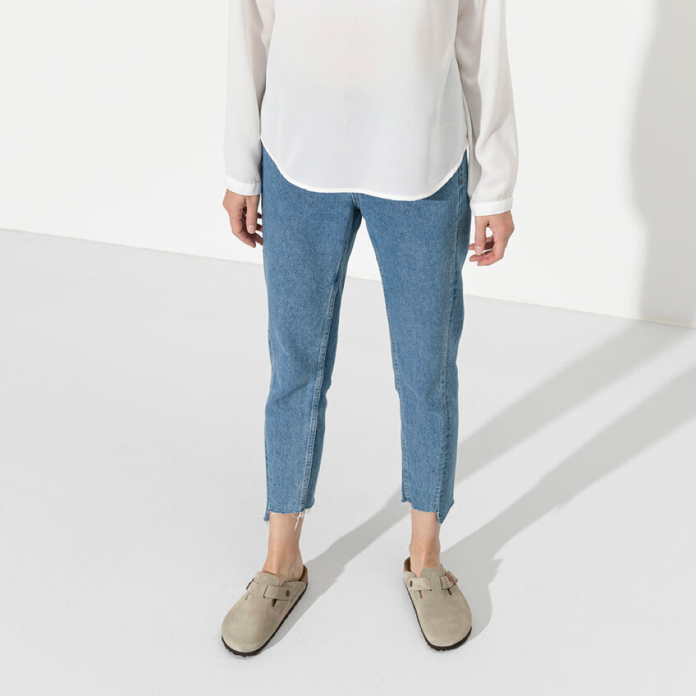 Model view of Birkenstock Boston Suede Leather Soft Footbed Clog for women.
