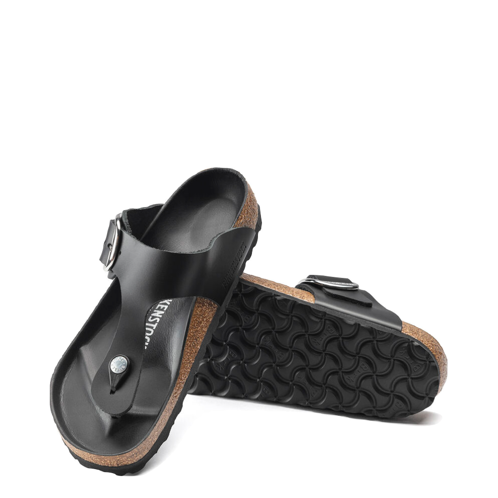 Top-down and bottom view of Birkenstock Gizeh Oiled Leather Big Buckle Sandal for women.