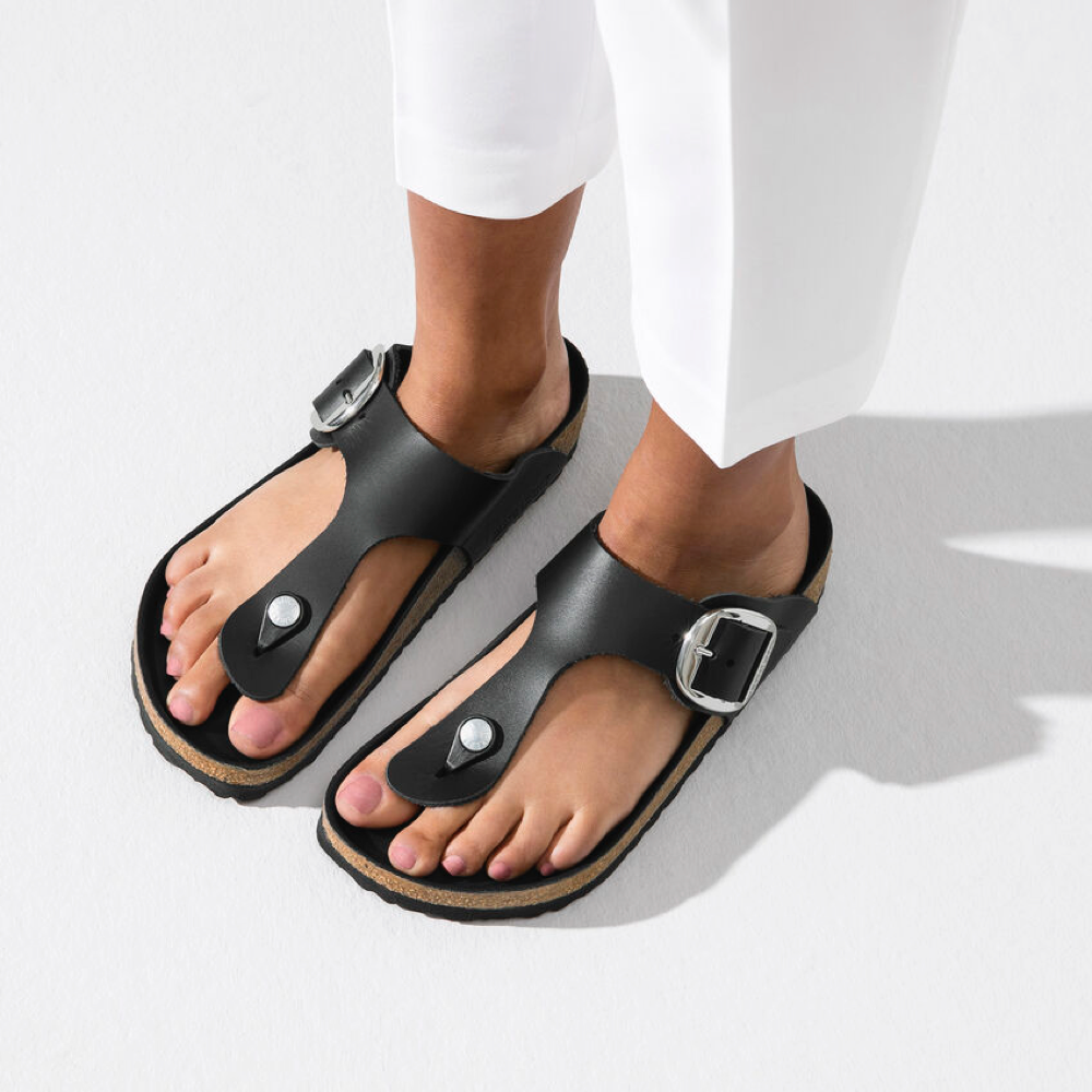 Model view of Birkenstock Gizeh Oiled Leather Big Buckle Sandal for women.