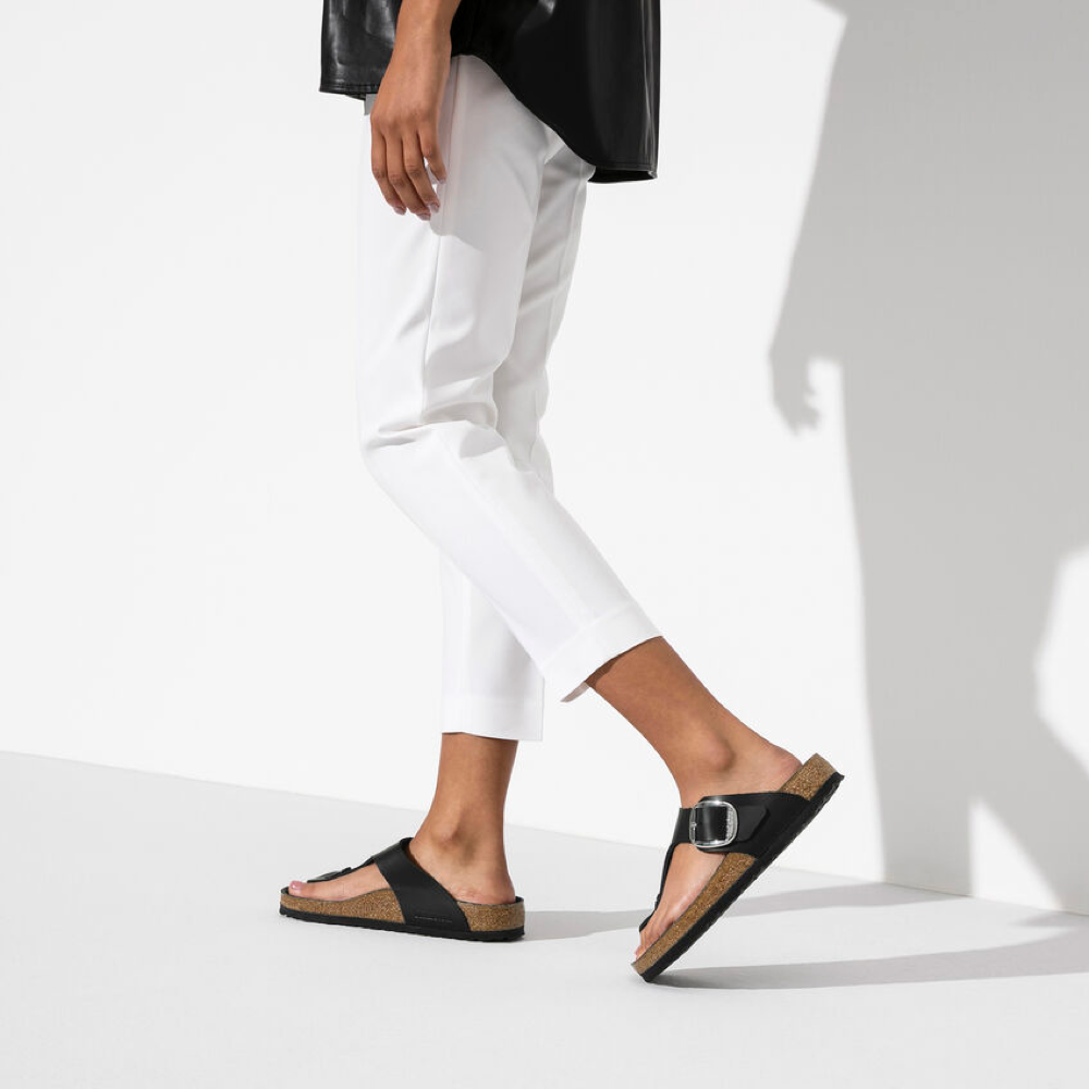 Model view of Birkenstock Gizeh Oiled Leather Big Buckle Sandal for women.