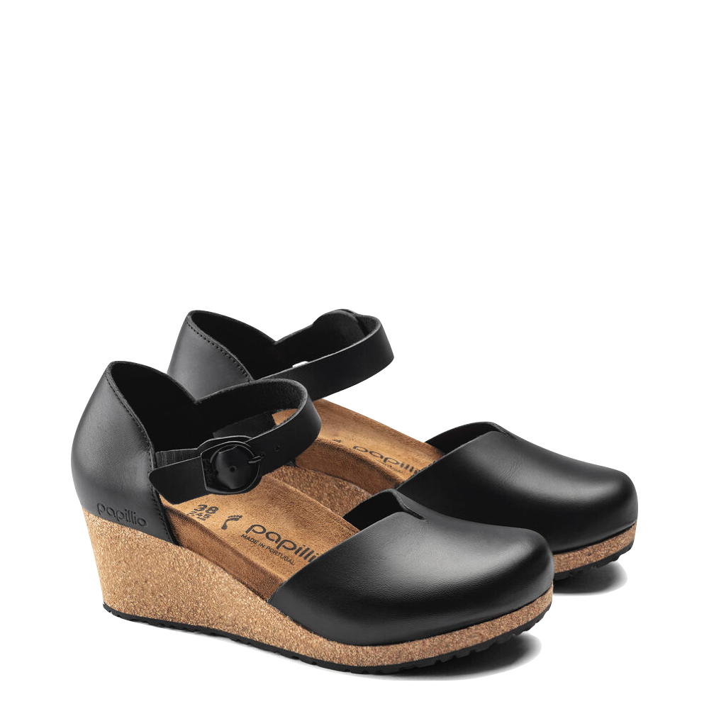 Birkenstock Women's Mary Smooth Leather Toe Cork Wedge (Black) – V&A Bootery INC