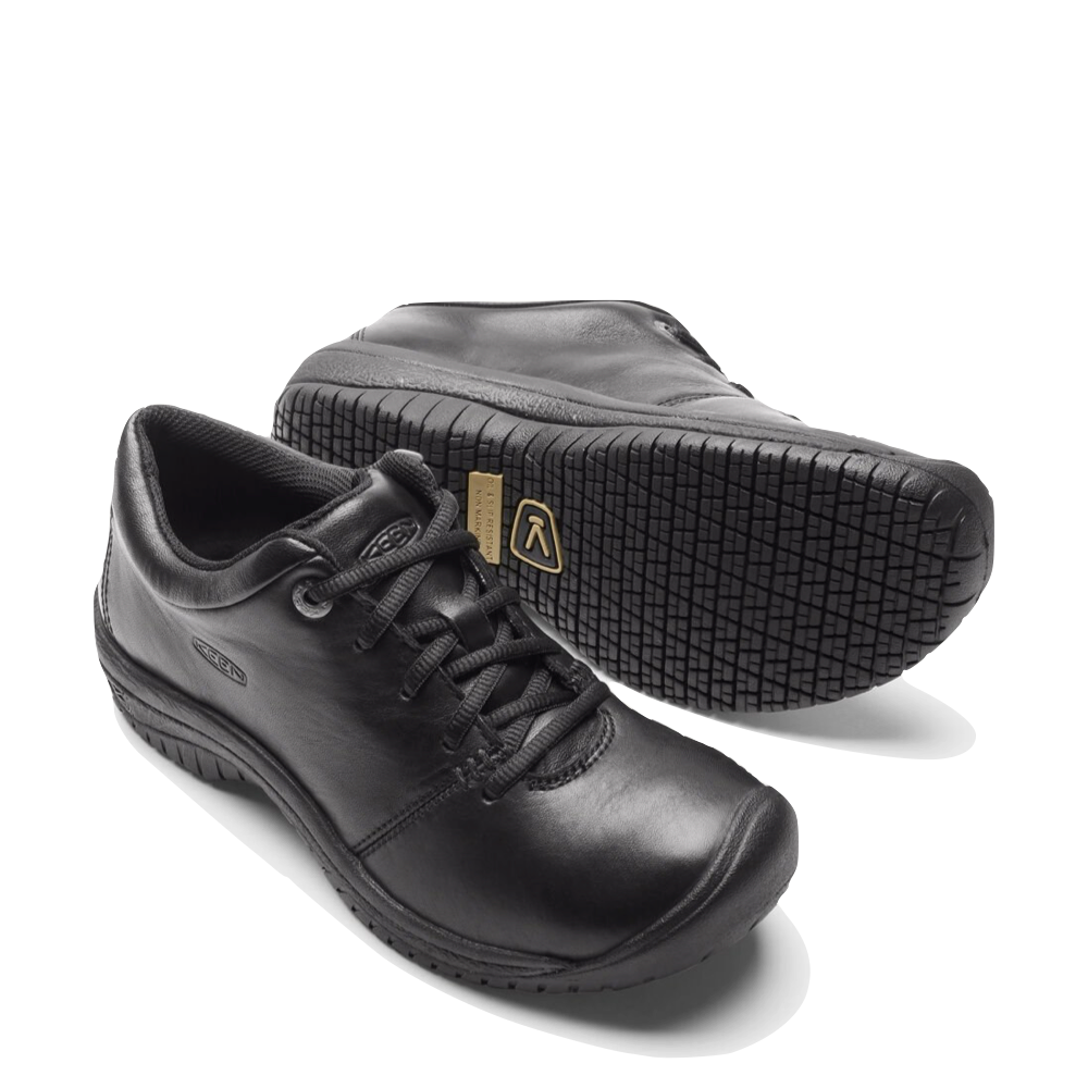 Mudguard and Toe and Bottom view of Keen PTC Slip Resistant Leather Oxford for women.