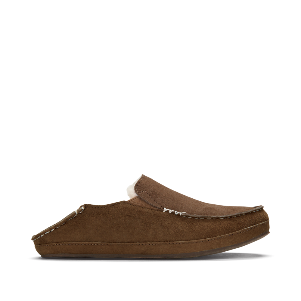 Side (right) view of OluKai Nohea Shearling Lined Slipper for women with back down.