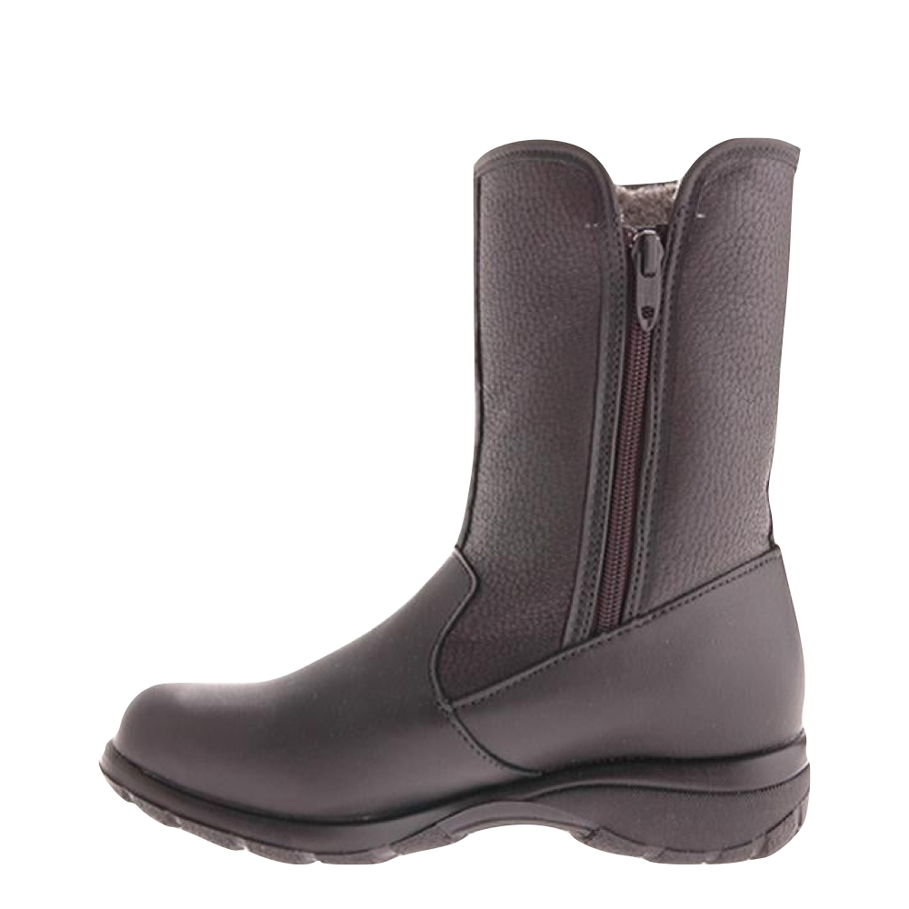Side (left) view of Toe Warmer Shield Mid Side Zip Waterproof Leather Boot for women.
