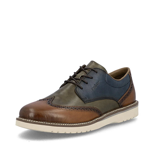 Rieker Men's Alan 04 Wing Tip Shoe in Muskat/Forest/Royal Blue