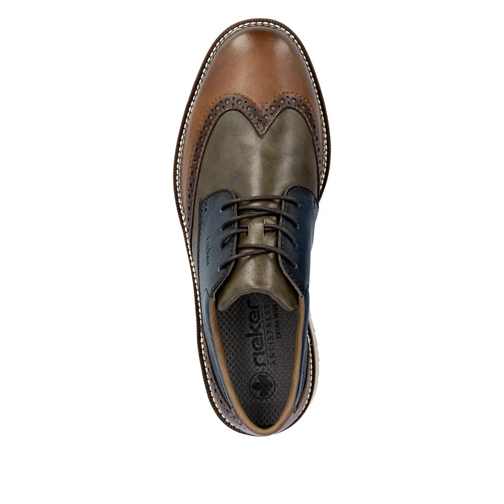 Rieker Men's Alan 04 Wing Tip Shoe in Muskat/Forest/Royal Blue