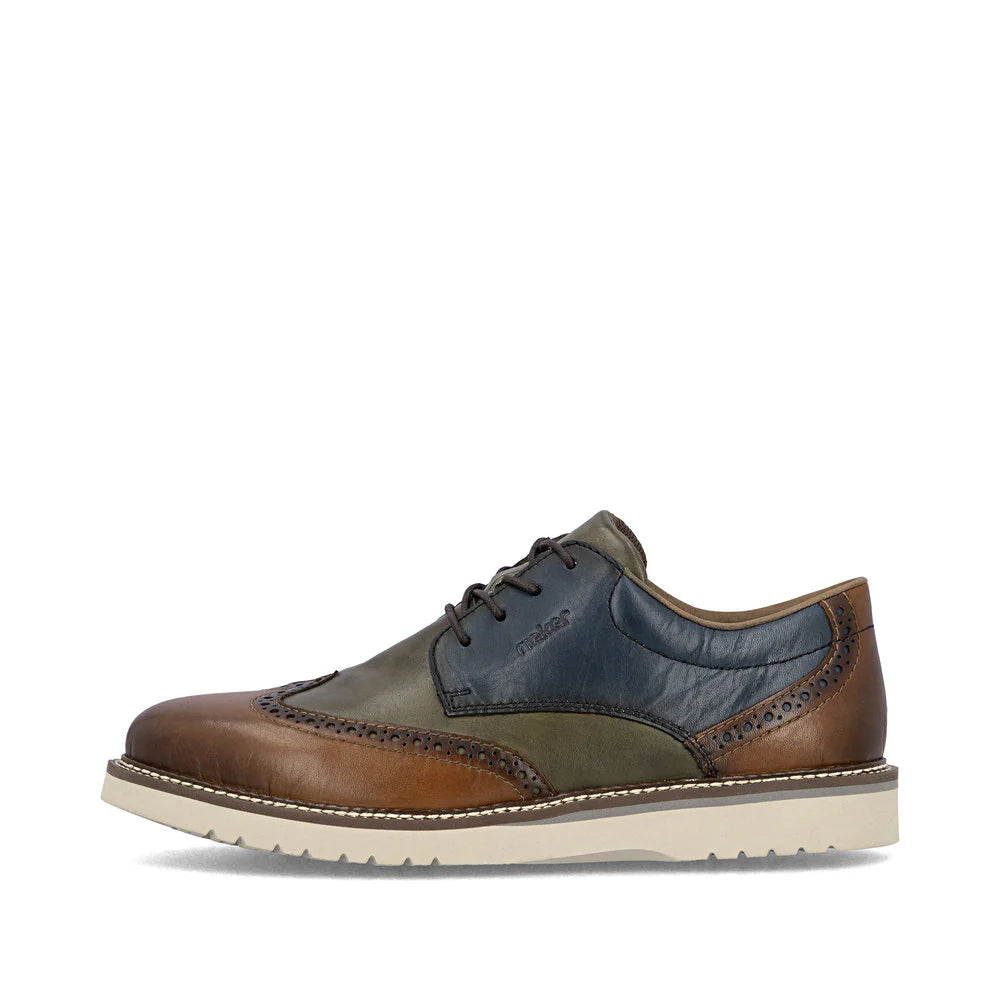Rieker Men's Alan 04 Wing Tip Shoe in Muskat/Forest/Royal Blue