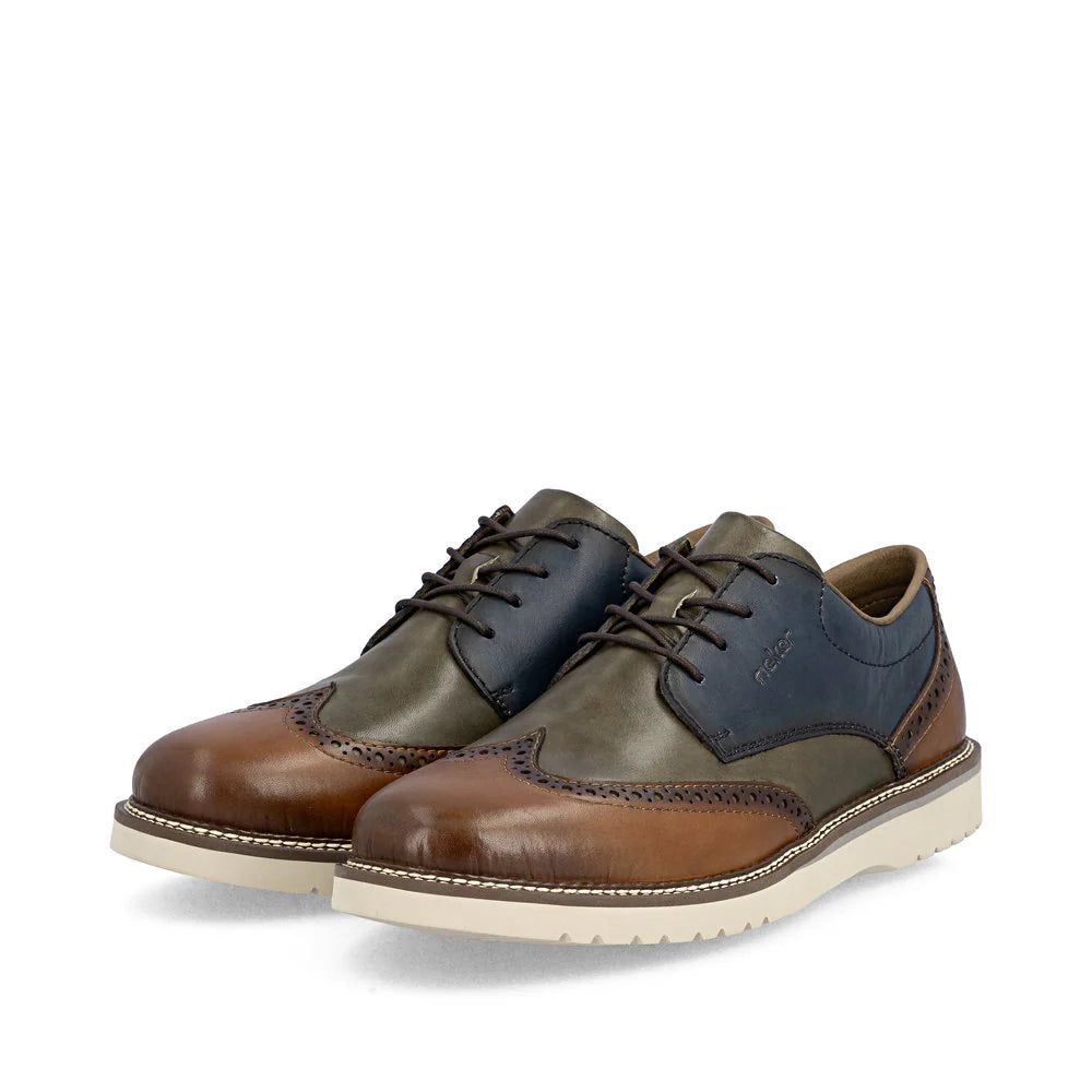 Rieker Men's Alan 04 Wing Tip Shoe in Muskat/Forest/Royal Blue