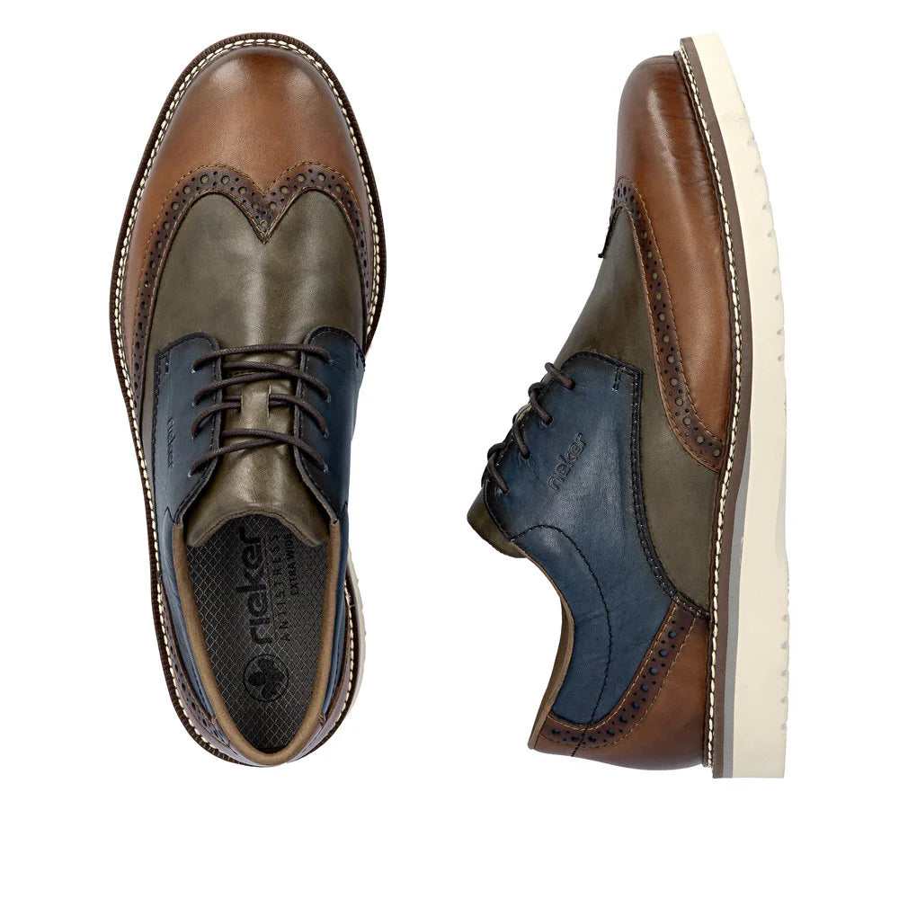 Rieker Men's Alan 04 Wing Tip Shoe in Muskat/Forest/Royal Blue