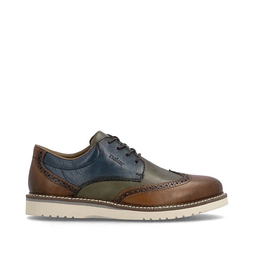 Rieker Men's Alan 04 Wing Tip Shoe in Muskat/Forest/Royal Blue