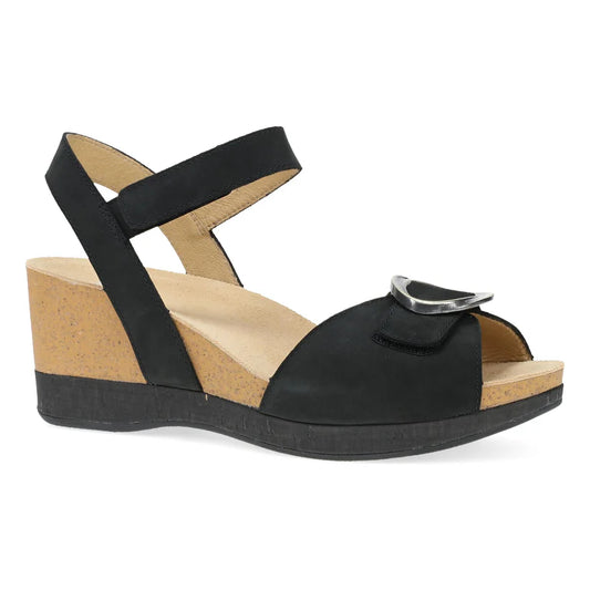 Dansko Women's Stella Wedge Sandal in Black Nubuck