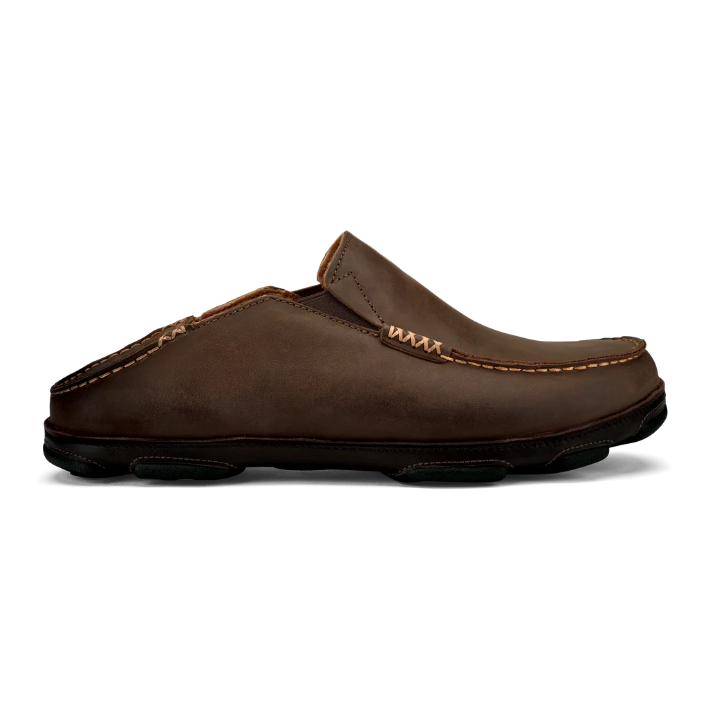 OluKai Men's Moloa Moc Leather Slip On Shoes in Dark Wood Brown