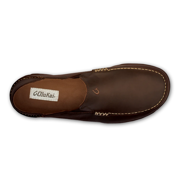 OluKai Men's Moloa Moc Leather Slip On Shoes in Dark Wood Brown