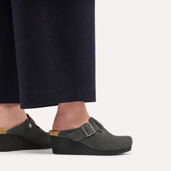 Birkenstock Women's Fanny Suede Wedge Clog in Charcoal/Black