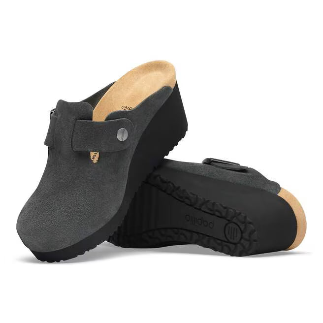 Birkenstock Women's Fanny Suede Wedge Clog in Charcoal/Black