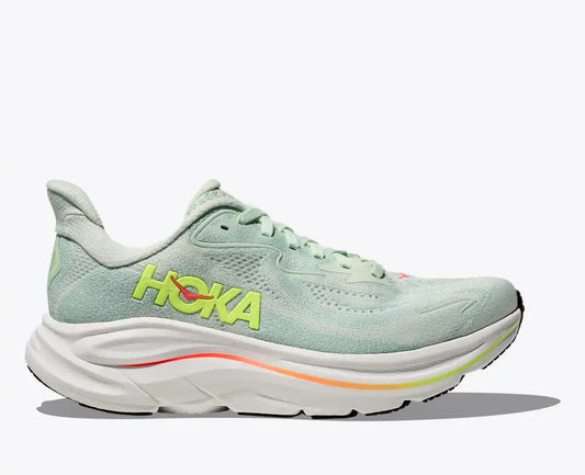 Hoka Women's Clifton 10 Sneaker in Sea Glass/Neon Flame