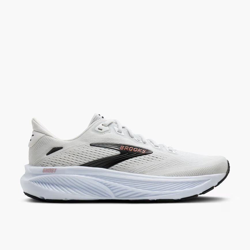 Brooks Women's Ghost 18 Sneaker in White/Black/Rose Gold