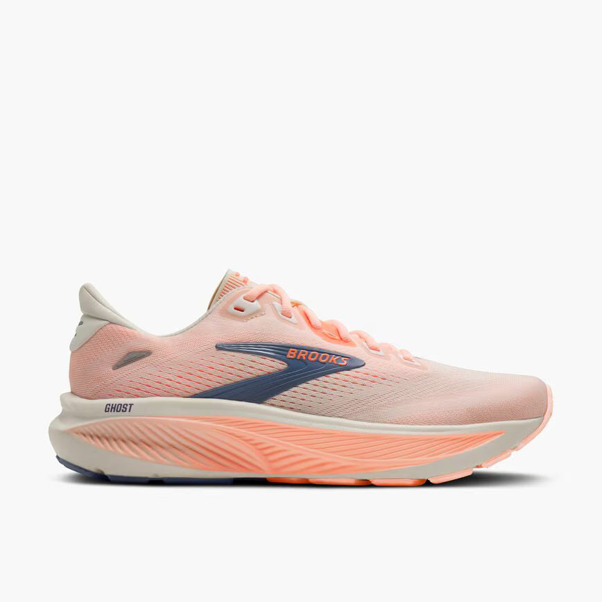 Brooks Women's Ghost 18 Sneaker in Star White/Cyber Peach/Grey