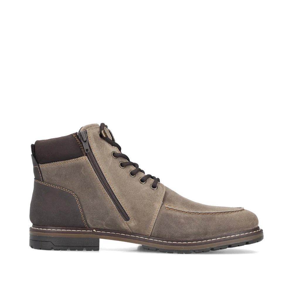 Rieker Men's Dimitri 44 Side Zip Lace Suede Boot in Taupe Pfeffer/Moro/Braun