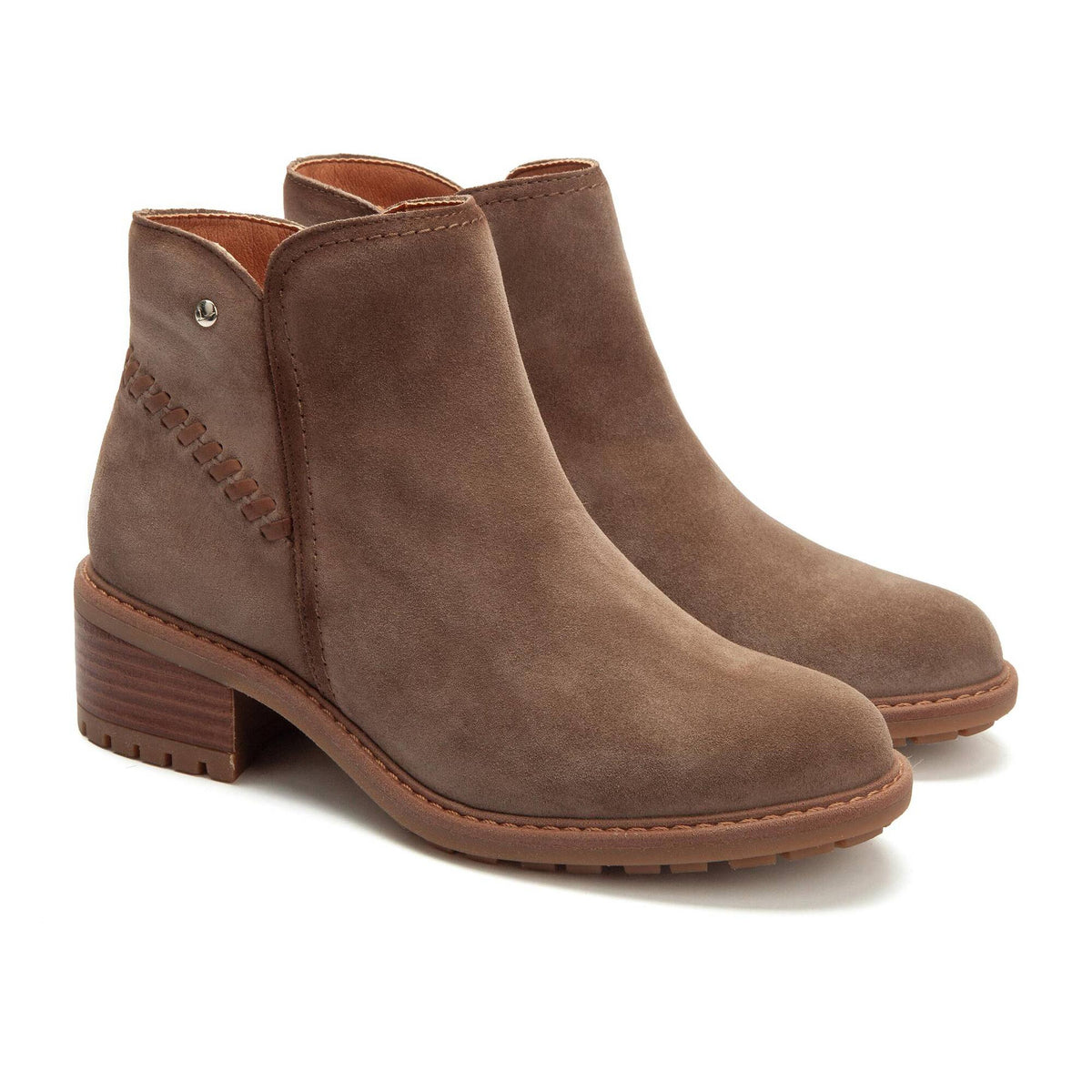 Pikolinos Women's Medina Low Side Zip Heeled Boot in Taupe Suede