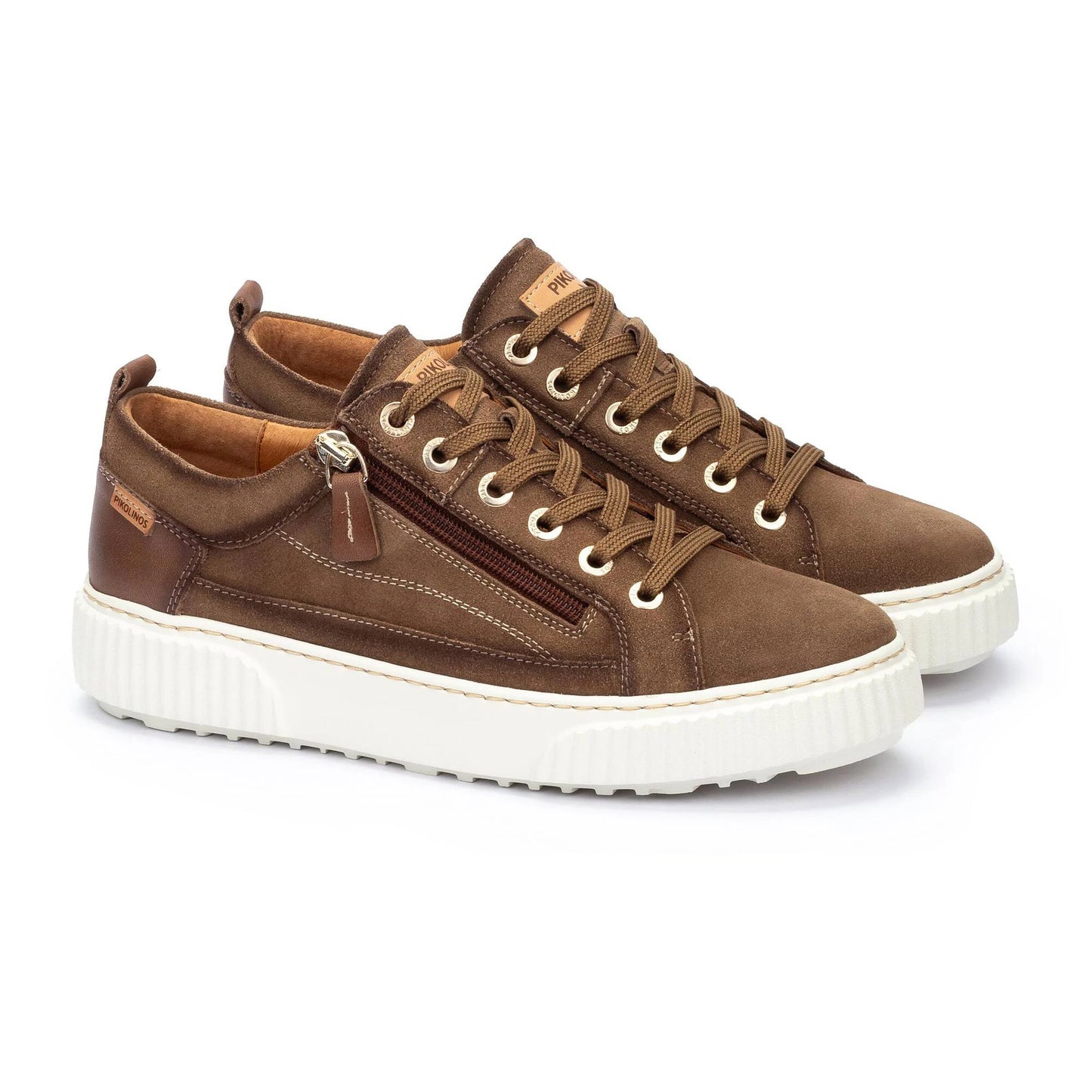 Pikolinos Women's Riells Platform Side Zip Leather Lace Sneaker in Taupe