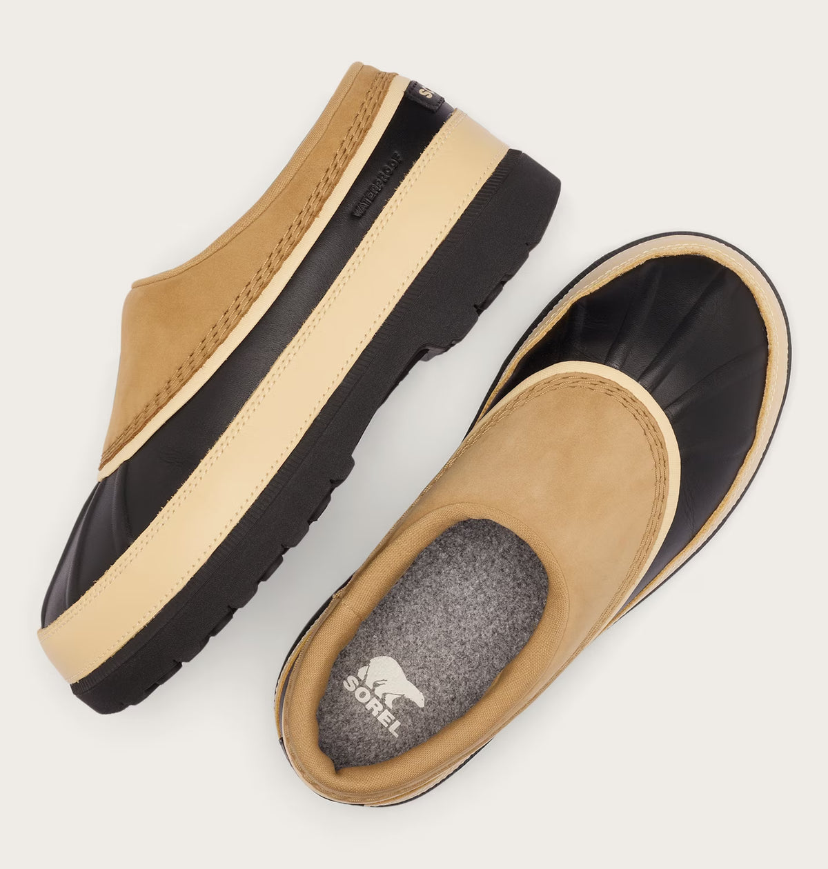 Sorel Women's Ambler Waterproof Slip On Clog in Caribou Buff/Black