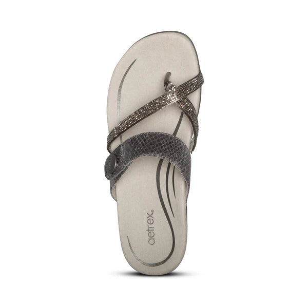 Aetrex Women's Izzy Adjustable Slide Sandal in Pewter Sparkle