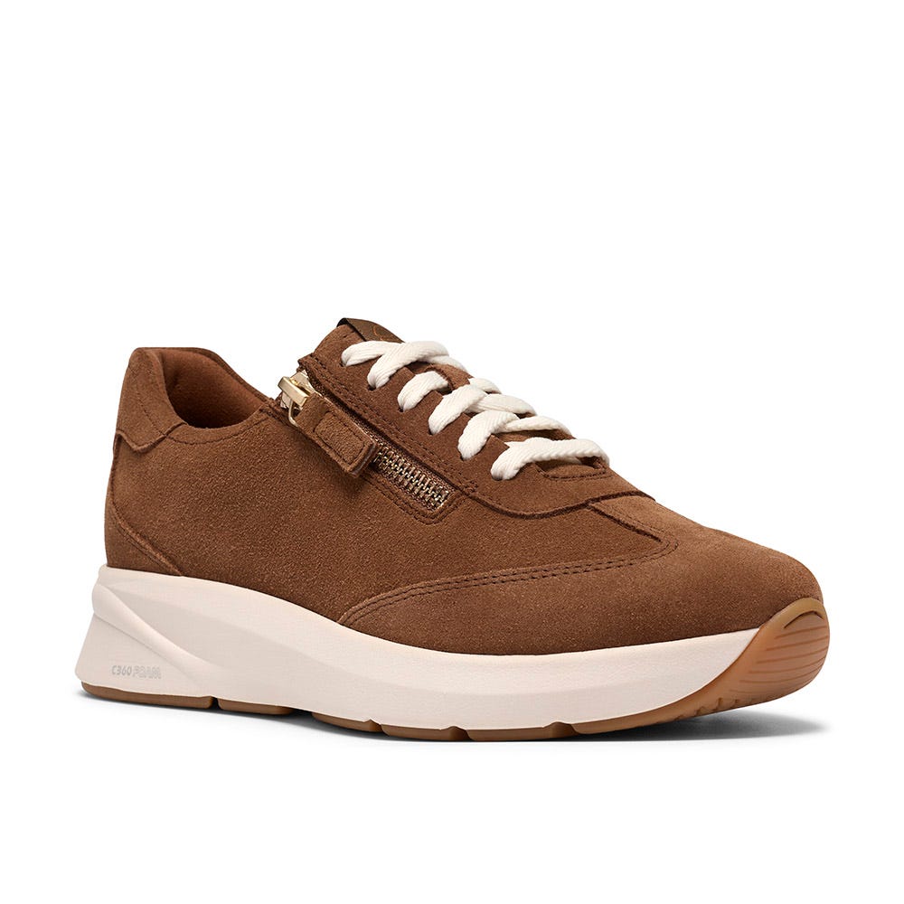 Clarks Women's Code Run Side Zip Lace Sneaker in Dark Tan Suede