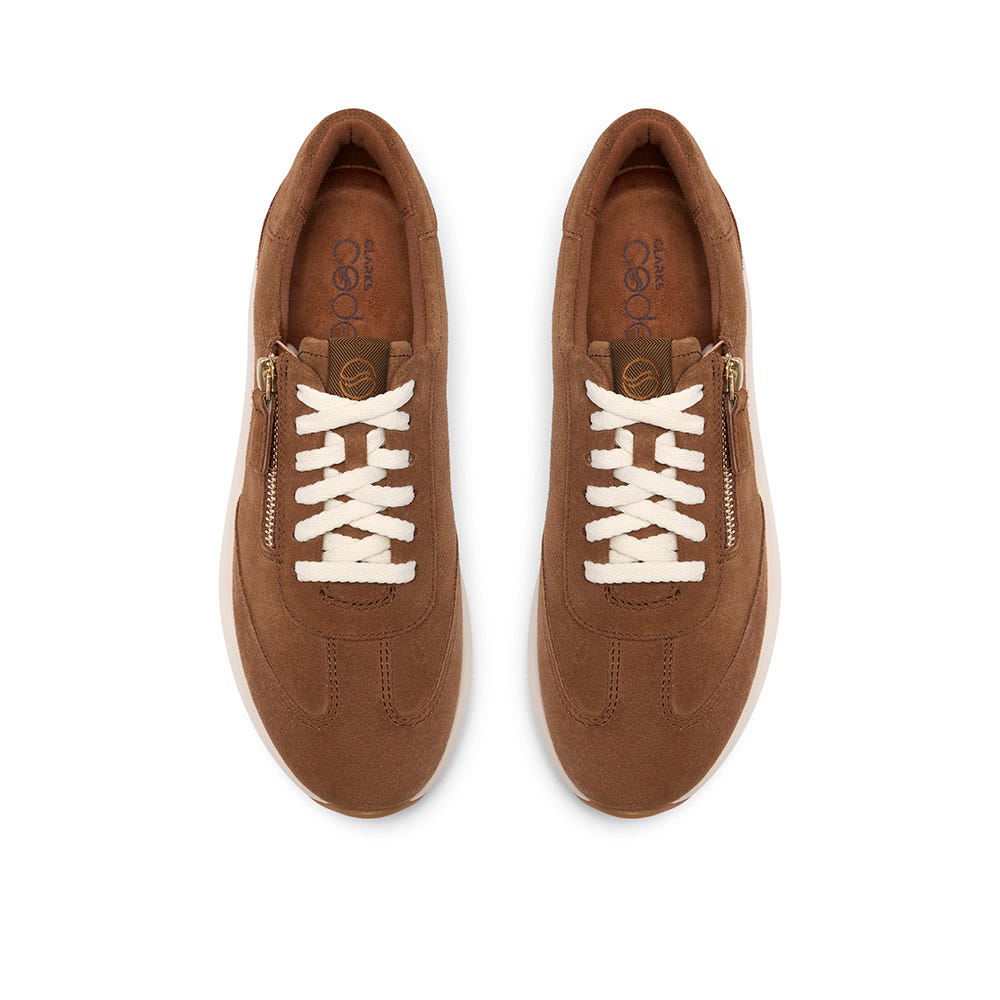 Clarks Women's Code Run Side Zip Lace Sneaker in Dark Tan Suede