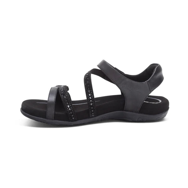 Aetrex Women's Jess Adjustable Quarter Strap Sandal in Black Sparkle