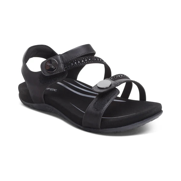 Aetrex Women's Jess Adjustable Quarter Strap Sandal in Black Sparkle