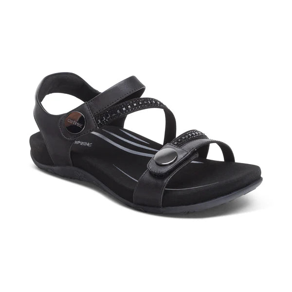Aetrex Women's Jess Adjustable Quarter Strap Sandal in Black Sparkle