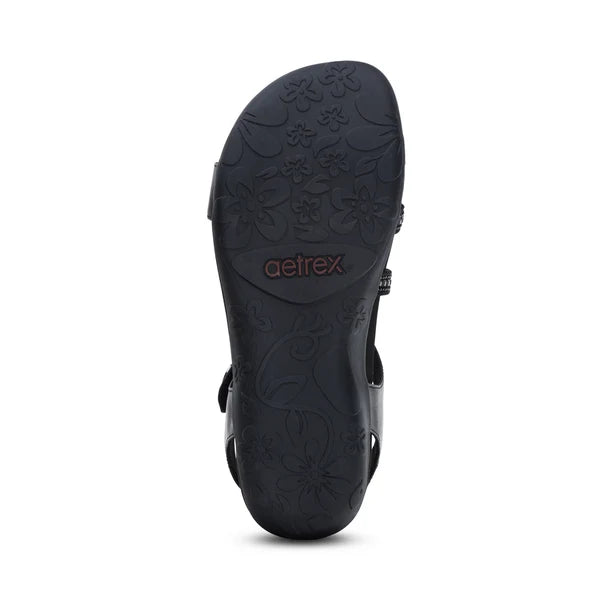 Aetrex Women's Jess Adjustable Quarter Strap Sandal in Black Sparkle
