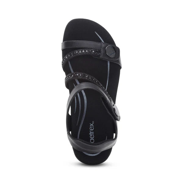 Aetrex Women's Jess Adjustable Quarter Strap Sandal in Black Sparkle