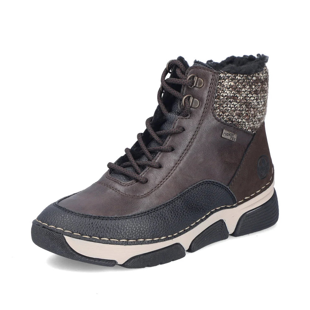Rieker Women's Angela 56 Waterproof Side Zip Lace Boot in Black/Brown Schwarz/Bisam/Rancho Braun/Bei