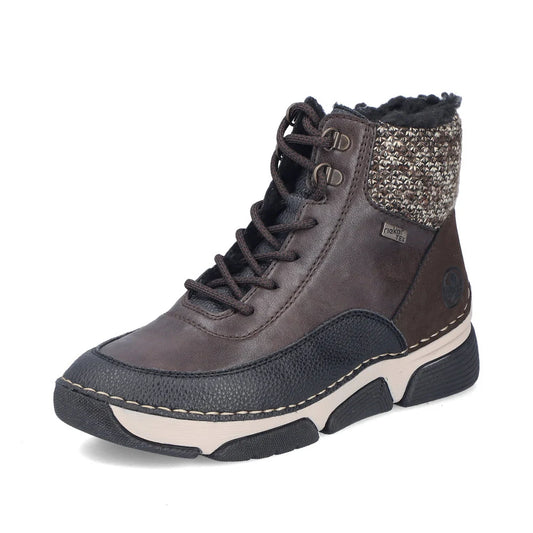 Rieker Women's Angela 56 Waterproof Side Zip Lace Boot in Black/Brown Schwarz/Bisam/Rancho Braun/Bei
