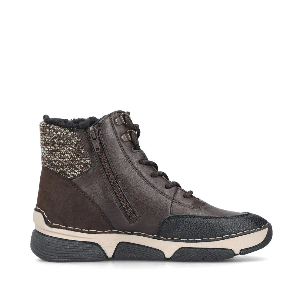 Rieker Women's Angela 56 Waterproof Side Zip Lace Boot in Black/Brown Schwarz/Bisam/Rancho Braun/Bei