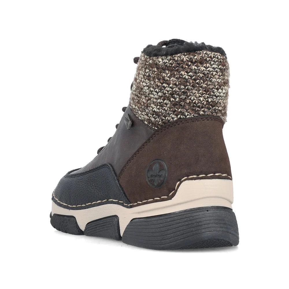 Rieker Women's Angela 56 Waterproof Side Zip Lace Boot in Black/Brown Schwarz/Bisam/Rancho Braun/Bei
