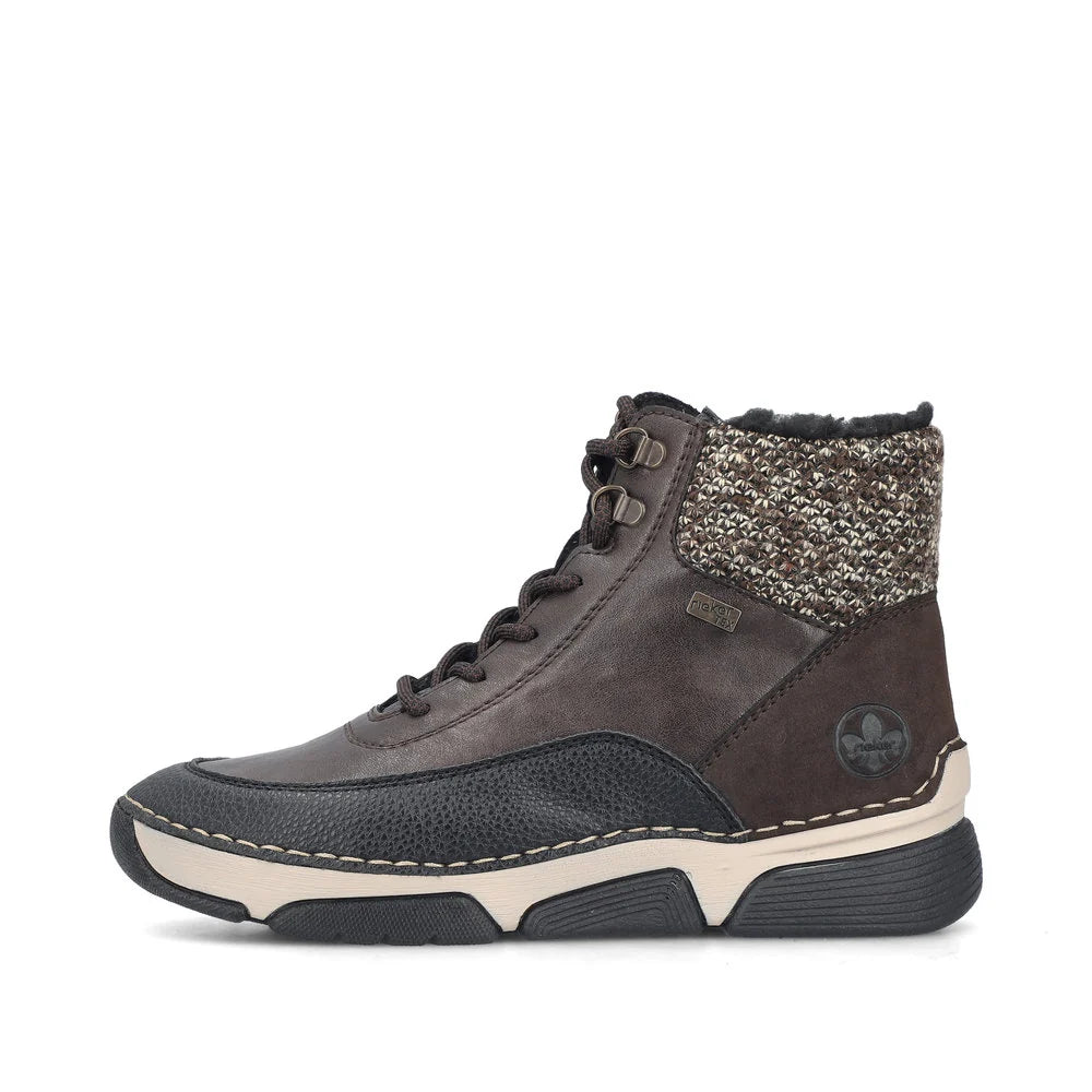 Rieker Women's Angela 56 Waterproof Side Zip Lace Boot in Black/Brown Schwarz/Bisam/Rancho Braun/Bei
