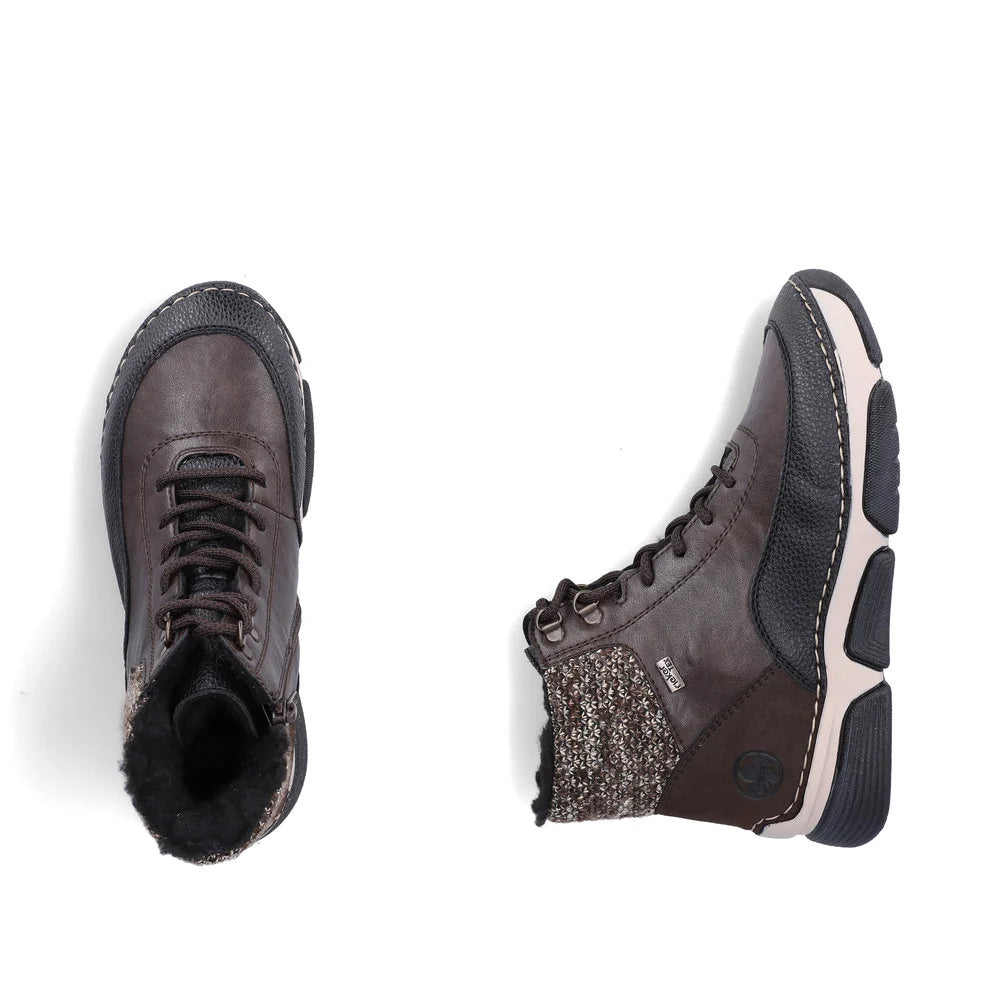 Rieker Women's Angela 56 Waterproof Side Zip Lace Boot in Black/Brown Schwarz/Bisam/Rancho Braun/Bei