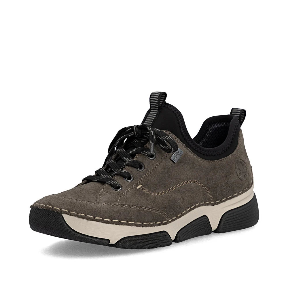 Rieker Women's Angela 76 Waterproof Lace Sneaker in Grey Smoke/Black