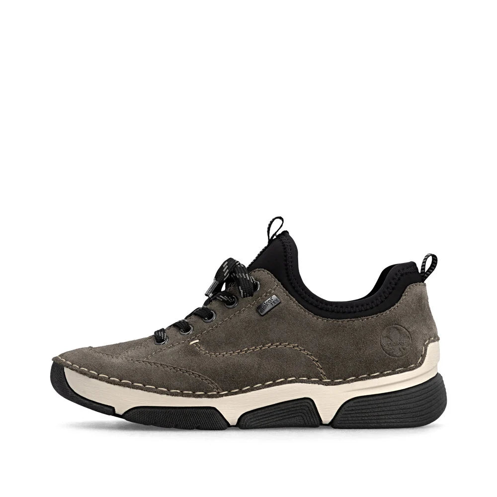 Rieker Women's Angela 76 Waterproof Lace Sneaker in Grey Smoke/Black