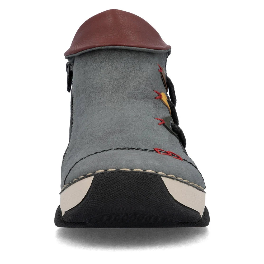 Rieker Women's Angela 83 Side Zip Low Boot in Blue Jeans/Forest/Honig/Brandy/Wine