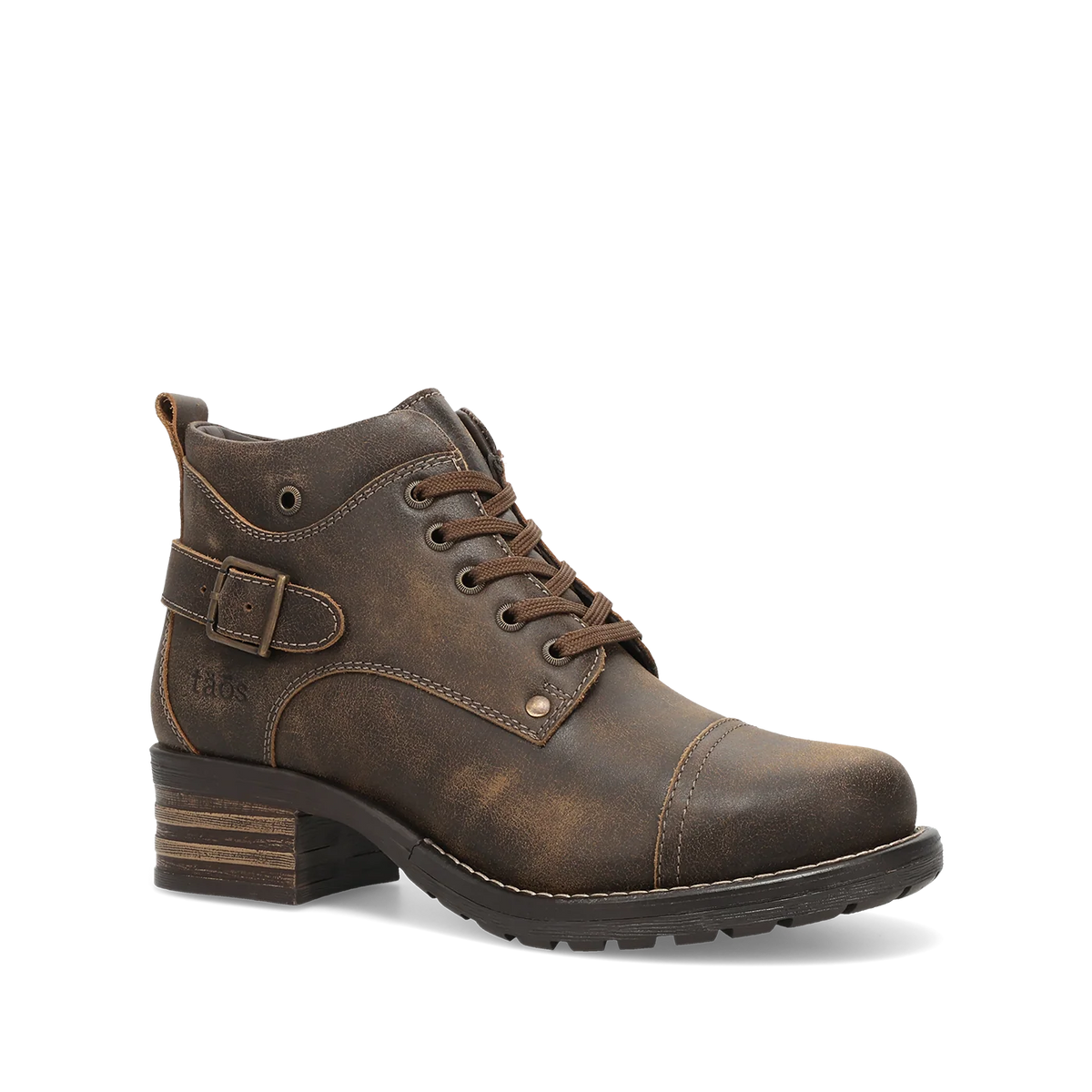 Taos Women's Mini Crave Heeled Side Zip Lace Boot in Distressed Brown