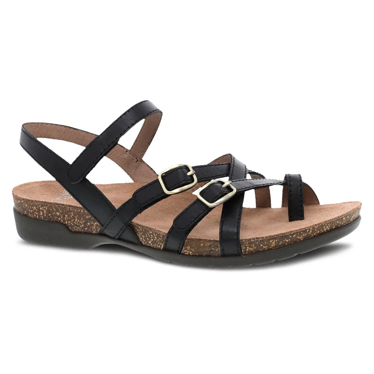 Dansko Women's Roslyn Strappy Leather Sandal in Black Waxy
