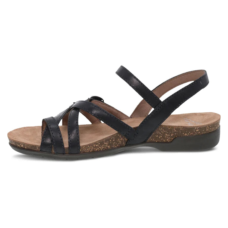 Dansko Women's Roslyn Strappy Leather Sandal in Black Waxy