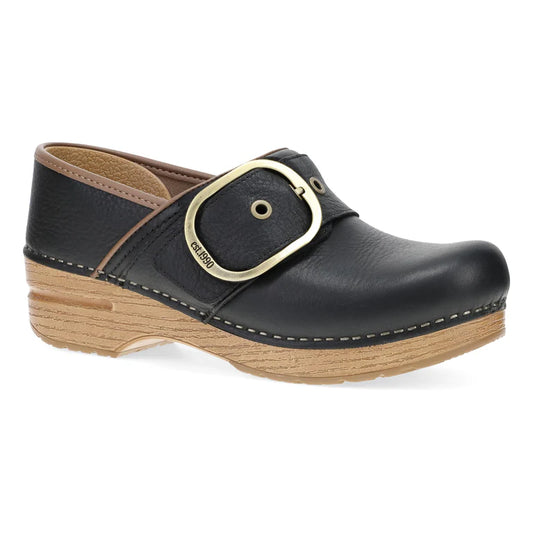 Dansko Women's Pearson Buckle Clog in Black Tumbled Leather