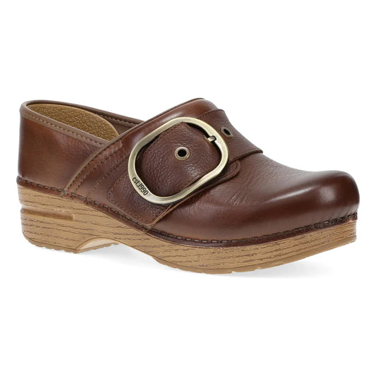 Dansko Women's Pearson Buckle Clog in Brown Waxy Leather