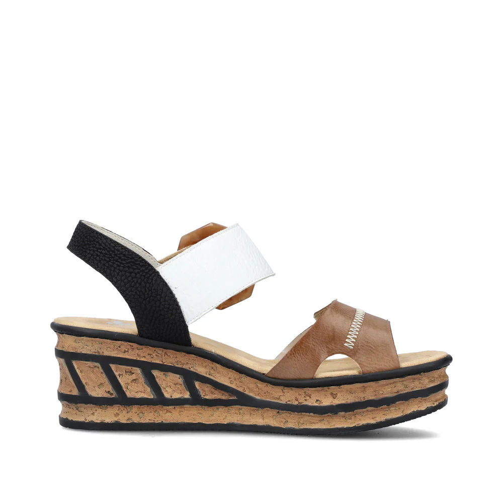 Rieker Women's Rose 76 Buckle Strap Wedge Sandal in White/Brown