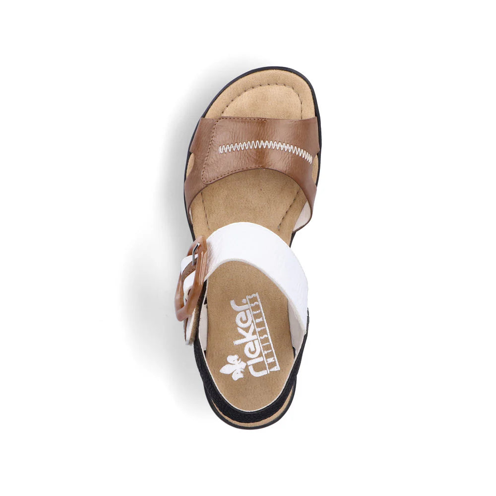 Rieker Women's Rose 76 Buckle Strap Wedge Sandal in White/Brown